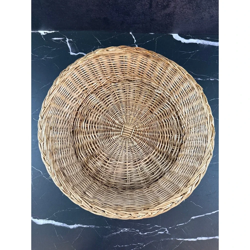Vintage Round Low Wicker Basket Pot Tray 13in Wide 3in Tall